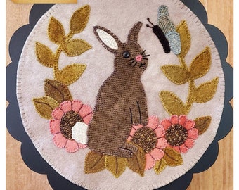 Wool Applique Pattern, A Round the Year, April, Wool Wallhanging, Bunny, Butterflies, Primitive, Wool Mat, Sew Cherished, PATTERN ONLY