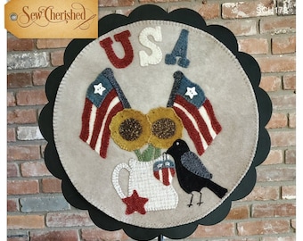 Wool Applique Pattern, A Round the Year, July, Wool Wallhanging, Americana, 4th of July, Primitive, Wool Mat, Sew Cherished, PATTERN ONLY