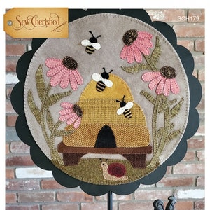 Wool Applique Pattern, A Round the Year, August, Wool Wallhanging, Bee Skep, Coneflower, Bees, Snail, Wool Mat, Sew Cherished, PATTERN ONLY