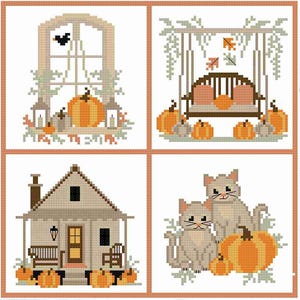 May include: A cross-stitch pattern featuring four fall-themed designs: a window with a pumpkin, a swing with pumpkins, a house with pumpkins, and two cats with pumpkins. The words "Fall Favorites" are displayed. The brand name is "Anabella's Needleart".