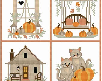 Counted Cross Stitch Pattern, Fall Favorites, Pillow Ornaments, Bowl Fillers, Autumn Decor, Pumpkins, Cats, Crow, Anabella's, PATTERN ONLY