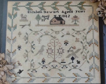 Counted Cross Stitch Pattern, A Tiny House, Elizabeth Stewart 1842, Bird Motifs, Antique Reproduction, Shakespeare's Peddler, PATTERN ONLY