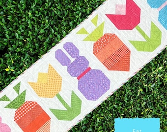 Quilt Pattern, Bunny Trail, Table Runner, Applique Wallhanging, Spring Decor, Tulips, Carrots, Bunnies, The Tipsy Needle, PATTERN ONLY