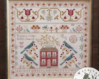 Counted Cross Stitch Pattern, Rejoice Evermore, Original Sampler, Sampler, Scripture, Inspirational, Brenda Gervais, PATTERN ONLY