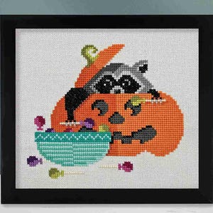 Counted Cross Stitch Pattern, Snack-O-Lantern, Halloween Decor, Raccoon, Candy Bowl,  Amity Phillips, Boomerang Stitches, PATTERN ONLY