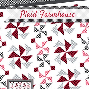 May include: A quilting pattern featuring a red and black plaid design with a white background. The pattern is called "Plaid Farmhouse" and is designed for table runners and lap quilts. The pattern is available from "it's sew emma".