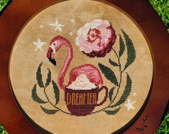 Counted Cross Stitch, Dreamer, Folk Art, Country Chic, Flower Motif, Flamingo, Gigi Reavis, The Artsy Housewife, PATTERN ONLY