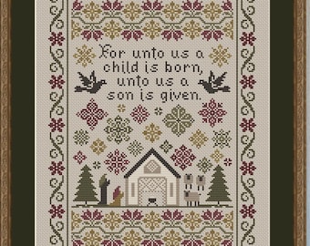 Counted Cross Stitch Pattern, For Unto Us a Child is Born, Christmas Decor, Border, Religious, Birds, Happiness is Heart Made, PATTERN ONLY