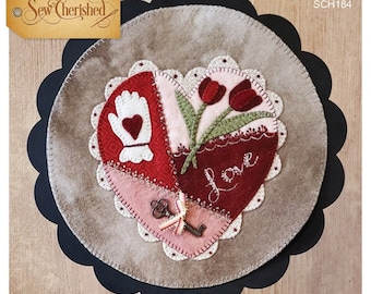 Wool Applique Pattern, A Round the Year, February, Wool Wallhanging, Red Tulips, Valentine's Day, Wool Mat, Sew Cherished, PATTERN ONLY