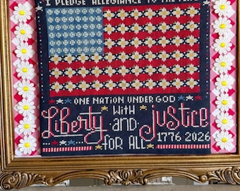Counted Cross Stitch Pattern, Liberty & Justice, Patriotic, Farmhouse Decor, Flag, Flowers, Stitching with the Housewives, PATTERN ONLY