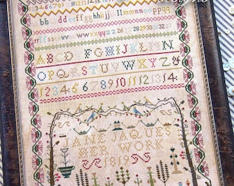 Counted Cross Stitch Pattern, Jane Jaques 1819, Alphabet Reproduction Sampler, Flower Motifs, Little Robin Designs, PATTERN ONLY