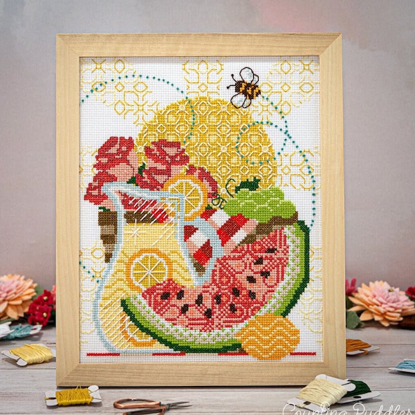 Counted Cross Stitch, Sweet Summertime, Lemonade, Watermelon, Bee, Summer Decor, Lindsey Whitney, Counting Puddles, PATTERN ONLY