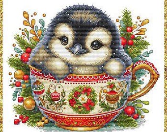 Counted Cross Stitch Pattern, Christmas Animal Cups, Penguin, Christmas Decor, Teacup, Wreath, Les Petites Croix de Lucie, PATTERN ONLY