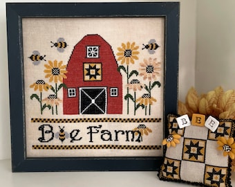 Counted Cross Stitch, The Bee Farm, Barn, Pinkeep, Pincushion, Sunflowers, Bees, Bowl Filler, Pillow Ornament, Mani di Donna, PATTERN ONLY