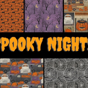 May include: A digital collage of Halloween themed patterns. The top row features a pattern of orange pumpkins, a pattern of purple trees and moons, and a pattern of a vintage truck with pumpkins, a jack-o-lantern, and a black cat. The middle row features the text "SPOOKY NIGHTS". The bottom row features a pattern of vintage trucks with pumpkins, and a pattern of black spiderwebs and bats.