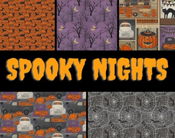 Quilt Fabric, Spooky Nights, Halloween Fabric, Pumpkins, Spiders, White Pick-Up Trucks, Bats, Forest, Beth Albert, 3 Wishes Fabric