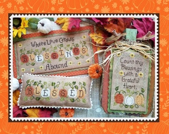 Counted Cross Stitch Pattern, Blessings Abound, Fall Decor, Inspirational, Pumpkins, Sampler, Pillows, Waxing Moon Designs, PATTERN ONLY