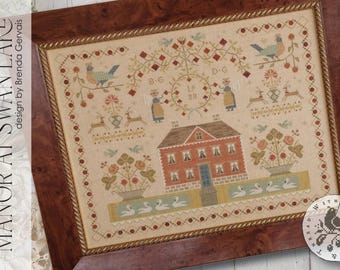 PRE-Order, Counted Cross Stitch Pattern, Manor at Swan Lake, Swan Sampler, Quaker Motifs, Swans, Brenda Gervais, PATTERN ONLY