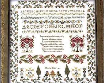 Counted Cross Stitch Pattern, Harriet Silvey 1838, Holly Leaf Sampler, Verse Sampler, Eileen J. Bennett, The Sampler House, PATTERN ONLY