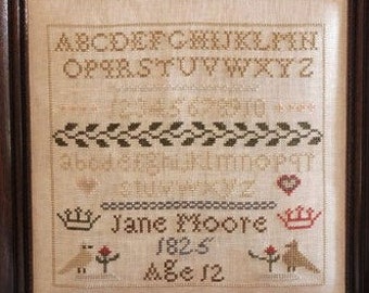 Counted Cross Stitch Pattern, Jane Moore 1825 Sampler, Miniature Sampler, Alphabet Sampler, Birgit Tolman, The Wishing Thorn, PATTERN ONLY