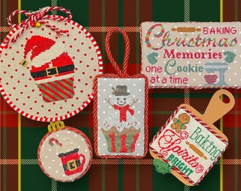 Counted Cross Stitch, Baking Spirits Bright, Christmas Ornaments, Santa, Snowman, Hot Chocolate, Barefoot Needleart, PATTERN