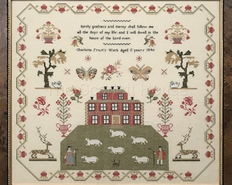 Counted Cross Stitch Pattern, Charlotte Frost 1846, Pastoral Sampler, Butterflies, Sheep, Reproduction, The Scarlett House, PATTERN ONLY