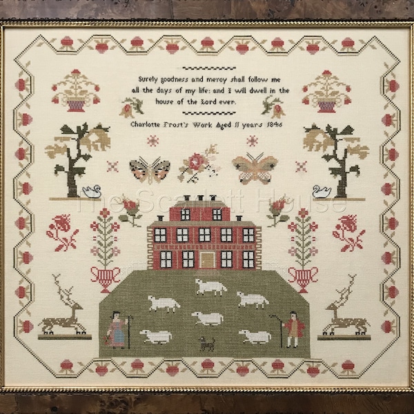 Counted Cross Stitch Pattern, Charlotte Frost 1846, Pastoral Sampler, Butterflies, Sheep, Reproduction, The Scarlett House, PATTERN ONLY