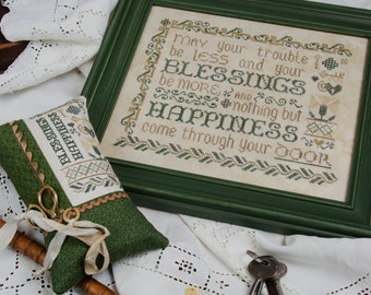 Counted Cross Stitch Pattern, Blessings Be More, Irish Decor, Sampler, Pin Pillow, Shabby Cottage, Erica Michaels, PATTERN ONLY