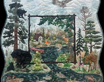 Quilt Kit,  Camp McKenna, Bear, Moose, Fish, Cabin, Owls, Pine Needles, McKenna Ryan, Hoffman California, Pattern with KIT