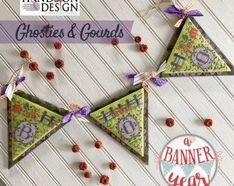 Counted Cross Stitch Pattern, Ghosties & Gourds, A Banner Year, Halloween Decor, Pumpkin Patch Boo, Hands On Design, KIT or PATTERN