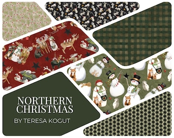 Quilt Fabric, Northern Christmas, Christmas Fabric, Mice, Snowmen, Reindeer, Holiday Fabric, Primitive, Folk Art, Teresa Kogut, Riley Blake