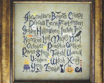 Counted Cross Stitch Pattern, Halloween Sampler, Halloween Decor, Bats, Black Cat, Crow, Pumpkin, Ghosts, Cottage Garden, PATTERN ONLY