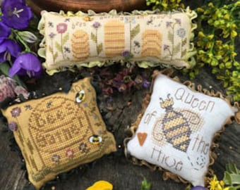 Counted Cross Stitch Pattern, Bee Trifles, Pillow Ornaments, Bee Hives, Queen Bee, Flowers, Garden Decor, Shepherd's Bush, PATTERN ONLY