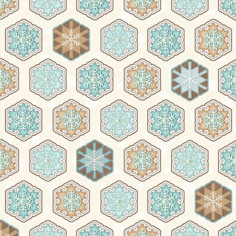 Puede incluir: Un patr&oacute;n sin costuras que presenta una variedad de dise&ntilde;os de copos de nieve en tonos de azul, marr&oacute;n y blanco. Los copos de nieve est&aacute;n dispuestos en un patr&oacute;n hexagonal sobre un fondo crema.