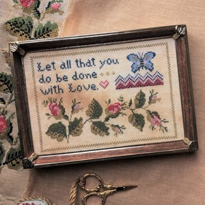 Counted Cross Stitch,  With Love, Inspirational, Butterfly, Roses, Heart, Spring Decor, Flowers, Garden Decor, Lila&#39;s Studio,  PATTERN ONLY