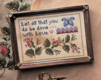 Counted Cross Stitch,  With Love, Inspirational, Butterfly, Roses, Heart, Spring Decor, Flowers, Garden Decor, Lila's Studio,  PATTERN ONLY