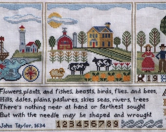 Counted Cross Stitch Pattern, With the Needle, Reproduction Sampler, Farm Scene, Lighthouse, Sheep, Reindeer, Lila's Studio, PATTERN ONLY