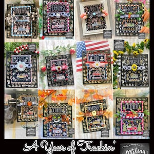 May include: A set of twelve cross-stitch patterns, each depicting a month of the year. Each design shows a truck adorned with seasonal embellishments, framed with decorative borders and bows. The text "A Year of Truckin' Along!" is displayed at the bottom.