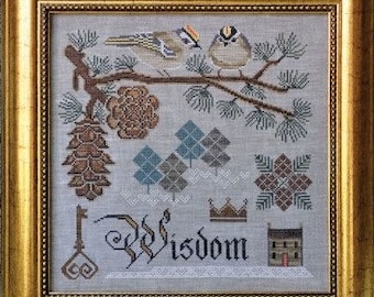 Counted Cross Stitch Pattern, Winter Wisdom, Songbird's Garden, Golden-crowned Kinglets, Conifers, Folk Art, Cottage Garden, PATTERN ONLY