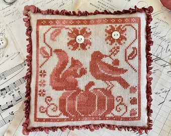 Counted Cross Stitch Pattern, Gathering Acorns, Fall Decor, Autumn Decor, Squirrel, Birds, Luminous Fiber Arts, PATTERN ONLY