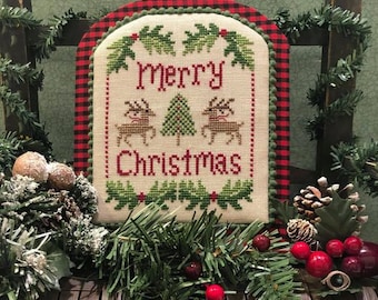 Counted Cross Stitch Pattern, Merry Christmas Deer, Christmas Ornament, Pillow, Bowl Fillers, Evergreens, Scissor Tail Designs, PATTERN ONLY