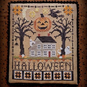 Counted Cross Stitch Pattern, Halloween Saltbox, Halloween Decor, Pumpkins, Witch, Ghost, Waxing Moon Designs, PATTERN ONLY