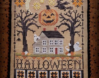 Counted Cross Stitch Pattern, Halloween Saltbox, Halloween Decor, Pumpkins, Witch, Ghost, Waxing Moon Designs, PATTERN ONLY