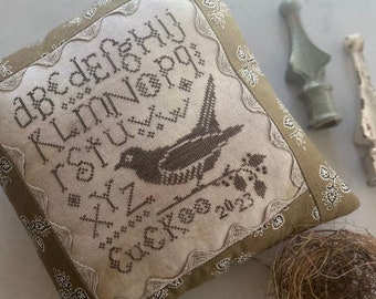 Counted Cross Stitch Pattern, Cuckoo Bird Sampler, Cuckoo Bird, Monochromatic Sampler, Alphabet Sampler, Heart in Hand, PATTERN ONLY