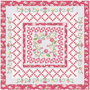 May include: A pink and white quilt with a floral design in the center. The quilt is made up of different patterns, including squares, triangles, and a floral vine.