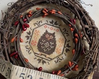 Counted Cross Stitch Pattern, Quirky Quaker Owl, Country Rustic, Pillow Ornament, Bowl Filler, Darling & Whimsy Designs, PATTERN ONLY