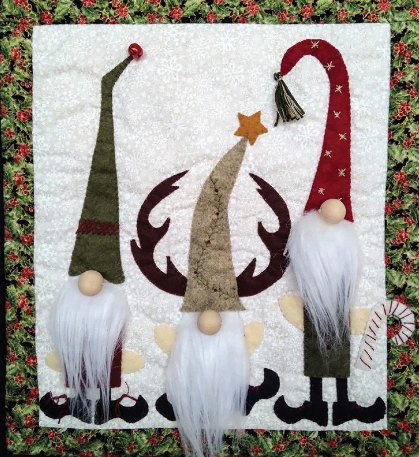 Wool Applique Pattern, Gnomes, Winter Applique, Quilted Wall Hanging