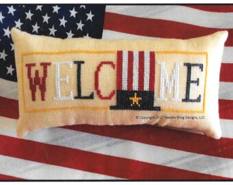 Counted Cross Stitch Pattern, Patriotic, Wee Welcome, Americana Welcome, Patriotic, Cross Stitch Pillow, Needle Bling Designs, PATTERN ONLY