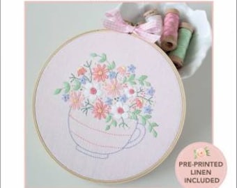 Embroidery Pattern, Tea Time Posy, Cottage Decor, Floral Stitchery Hoop, Tea Cup, Spring Decor, Flower Bouquet, Molly and Mama, PATTERN ONLY