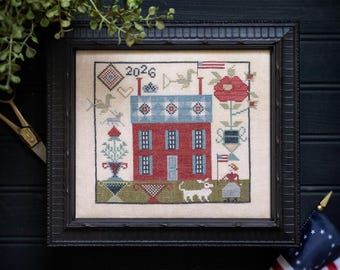 PRE-Order, Cross Stitch Pattern, Miss Pilkington's Cottage, Patriotic Sampler, American Flag, Plum Street Samplers, PATTERN ONLY